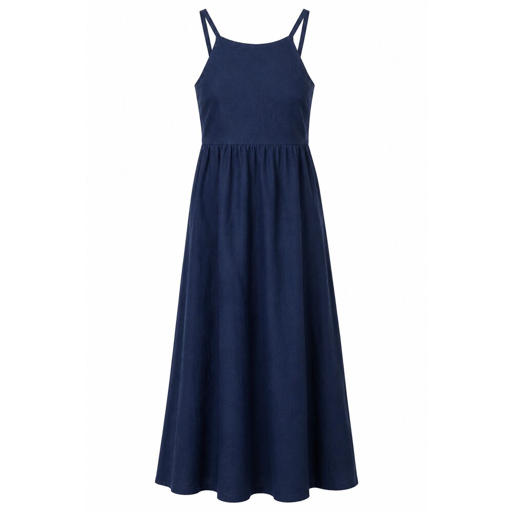 Lands' End 100% Linen Maxi Dress Womens M Navy Blue Coastal Resort Beach
